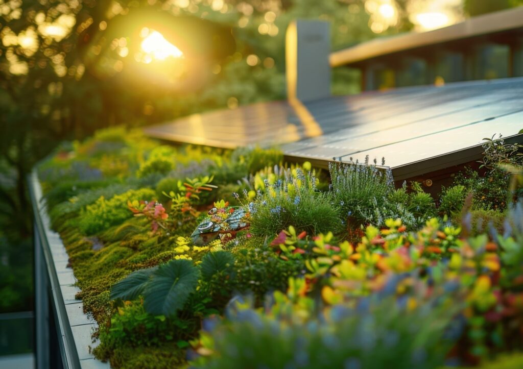 groene dakpannen met planten en bloemen zoals lavendel erop tijdens zonsondergang.